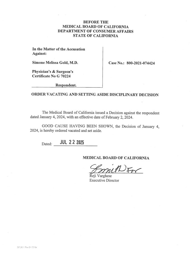 Dr. Simone Gold - Order vacating disciplinary decision