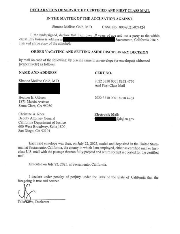 Dr. Simone Gold - Order vacating disciplinary decision