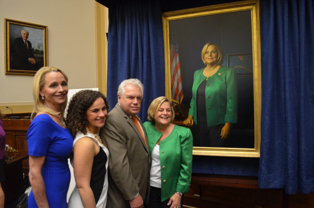 Rep. Ileana Ros-Lehtinen with her husband, Dexter Lehtinen, daughter, Patricia Lehtinen Silva, and friend Patience Flick at Ros-Lehtinen’s portrait unveiling in the House Foreign Affairs Committee Room, 2017