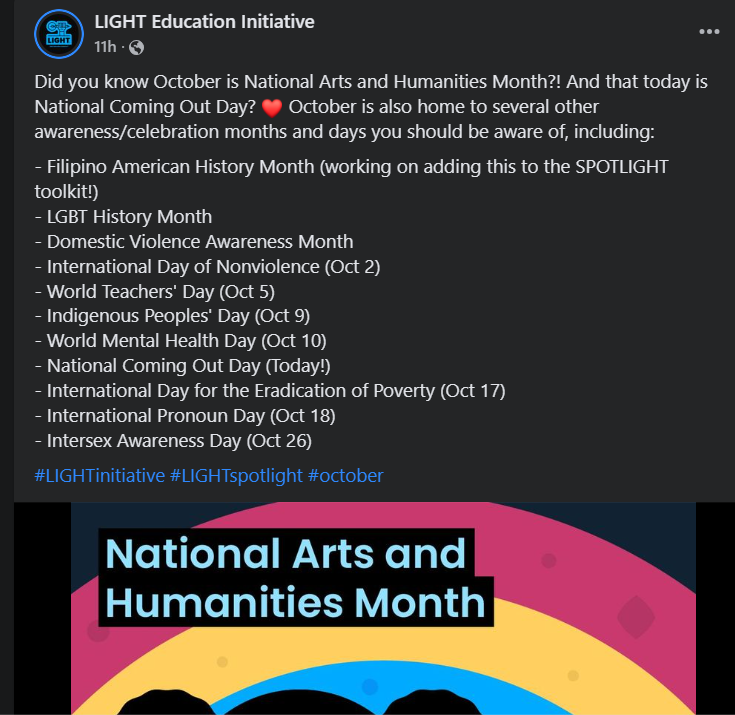 LIGHT Education Center Facebook post for "National Coming Out Day"