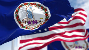 The Virginia state flag waving along with the national flag of the United States of America