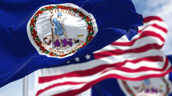 The Virginia state flag waving along with the national flag of the United States of America