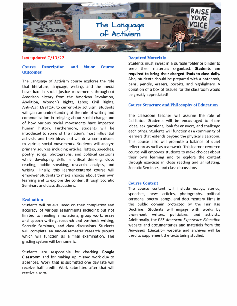 The Language of Activism course syllabus obtained by IW Features - page 1