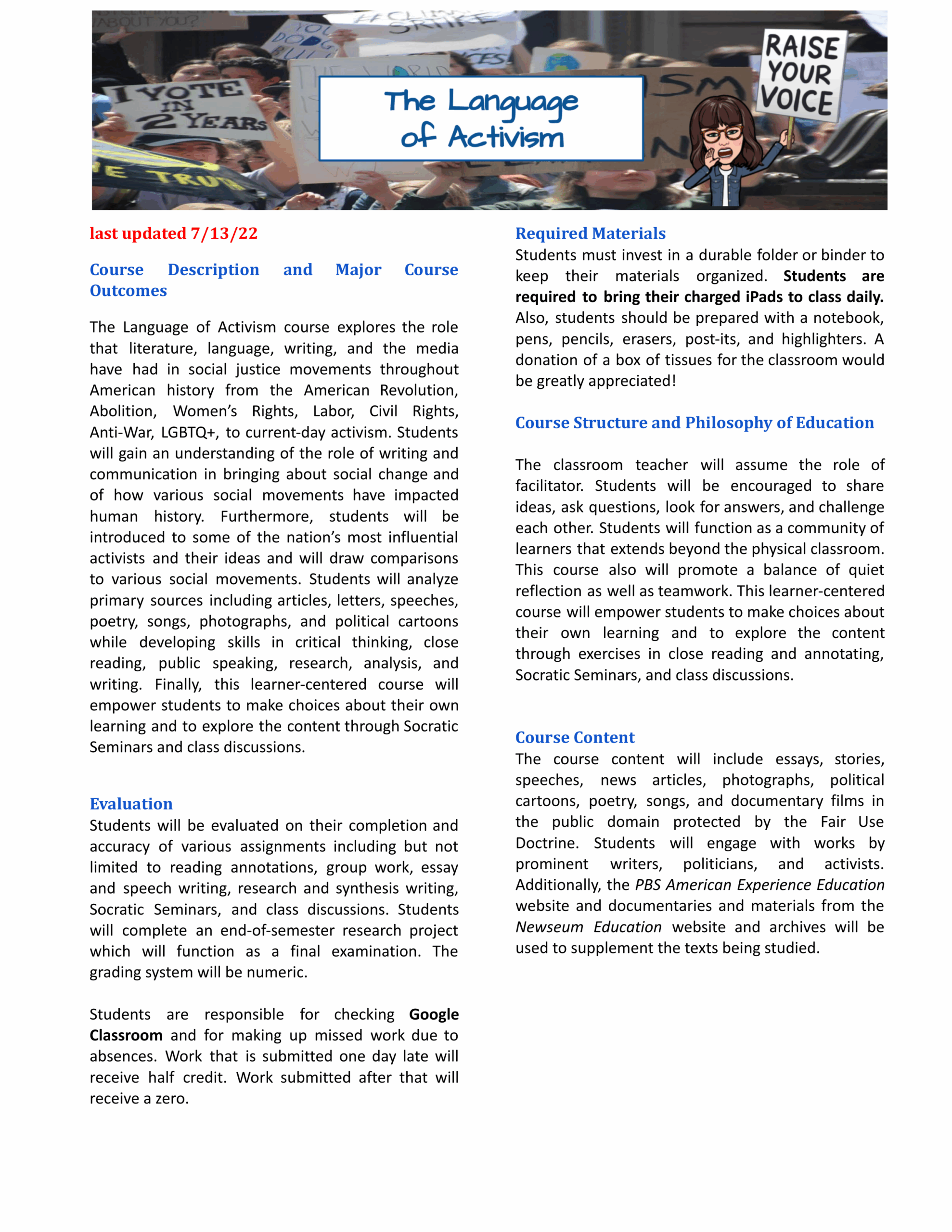 The Language of Activism course syllabus obtained by IW Features - page 1