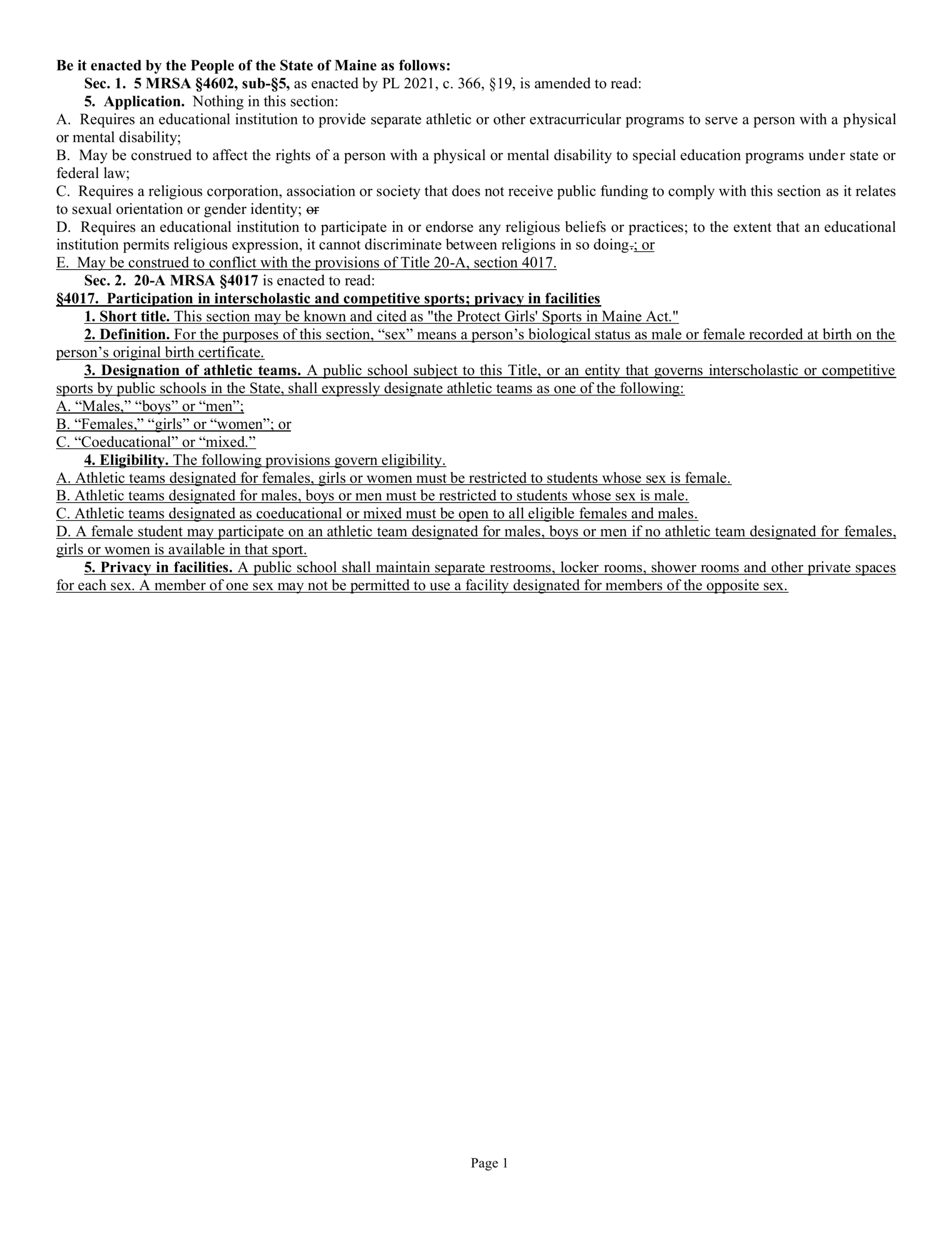 An Act to Designate School Sports Activities and Facilities by Sex page 1