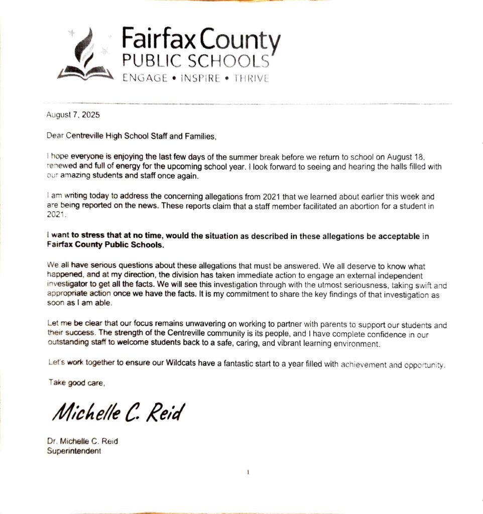 August 7 Email from Superintendent Michelle Reid to Centreville High School staff 