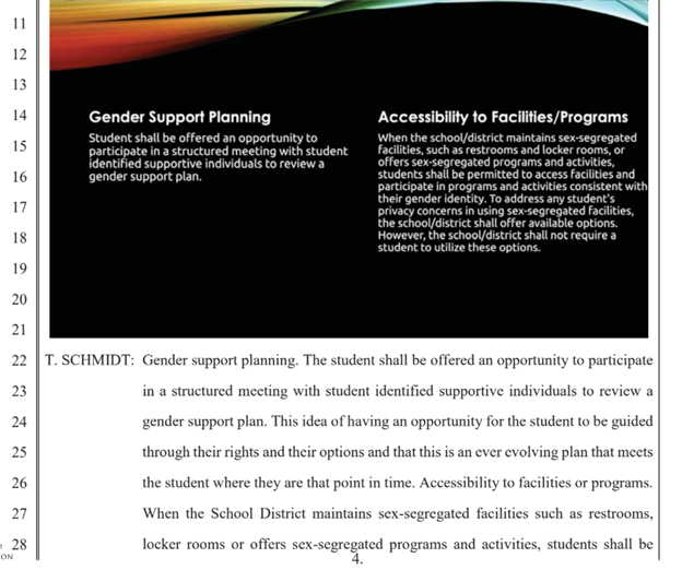 Legal filing showing how Escondido Union School District directs students to "supportive individuals," not parents, regarding gender issues