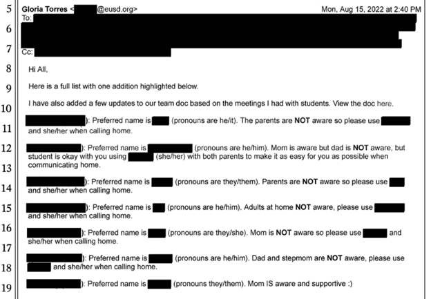 Escondido Union School District email regarding student pronouns