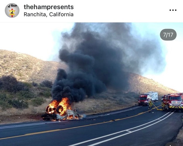 Car on fire in accident near Julian California