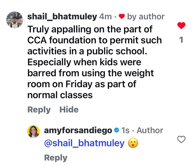 Instagram comment of student stunned by CCA event