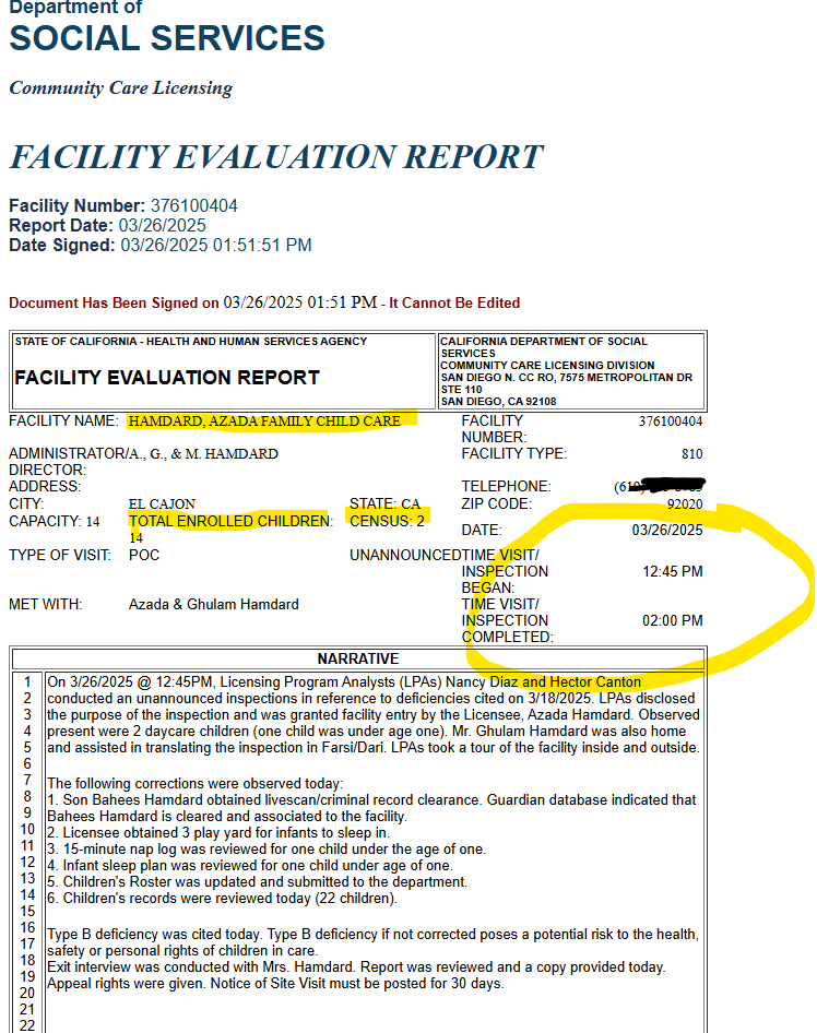 Azada Family Child Care Facility 3-26-2025 Evaluation Report