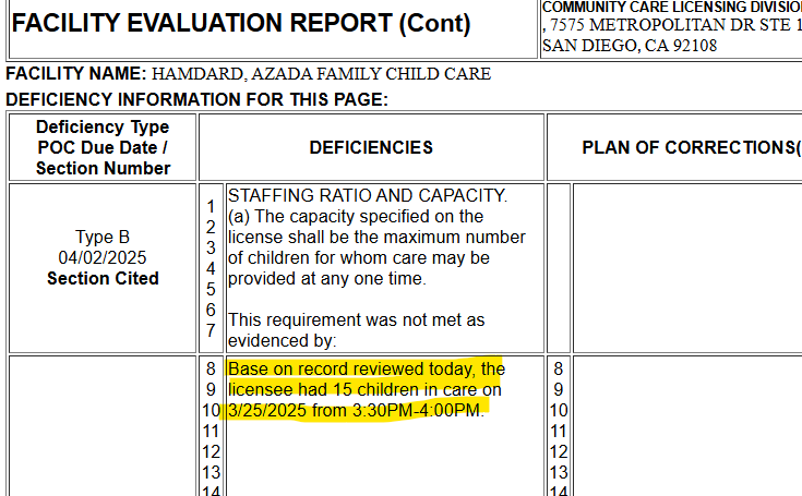 Azada Family Child Care Facility 4-2-2025 Evaluation Report Deficiencies