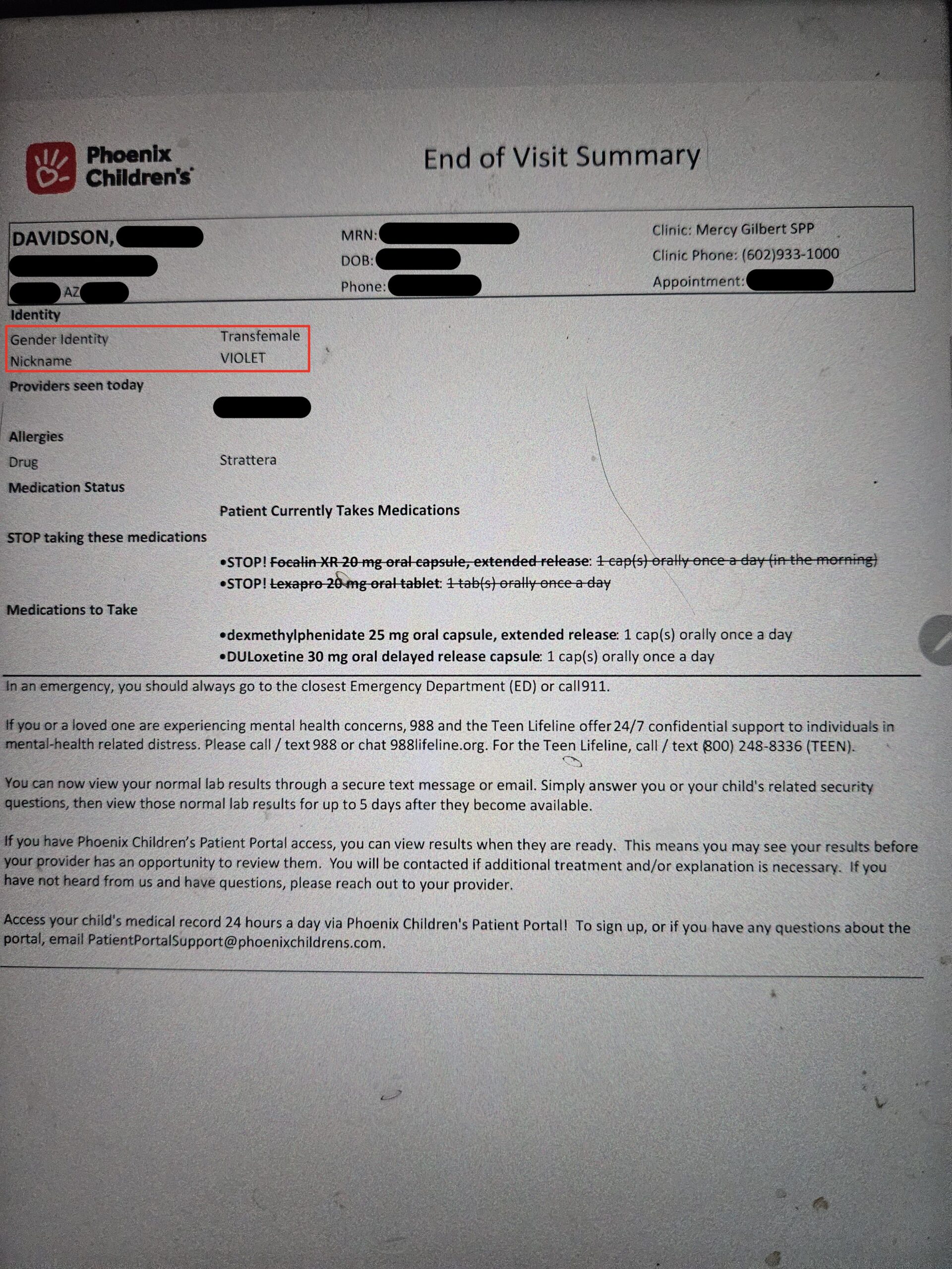 Phoenix Children's Hospital end-of-visit summary altered with "gender identity" information