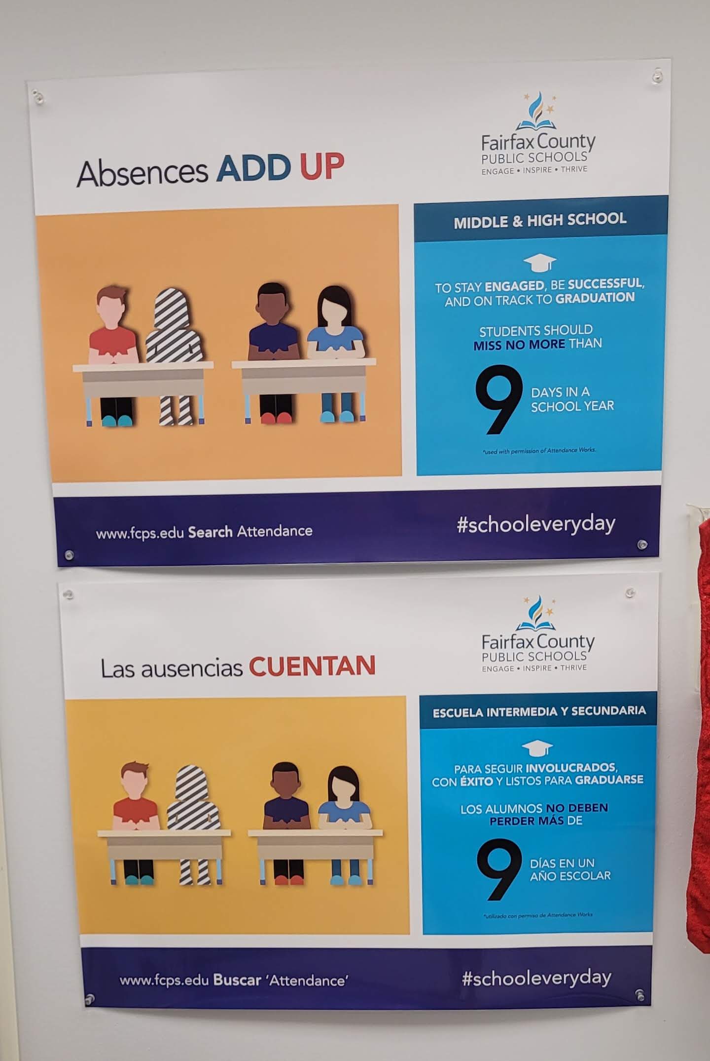 FCPS signs promoting attendance in English and Spanish
