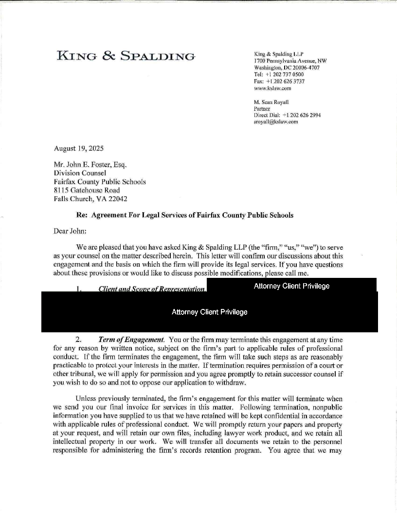 Fairfax County Public Schools King & Spalding Agreement Obtained by IW Features Page 1