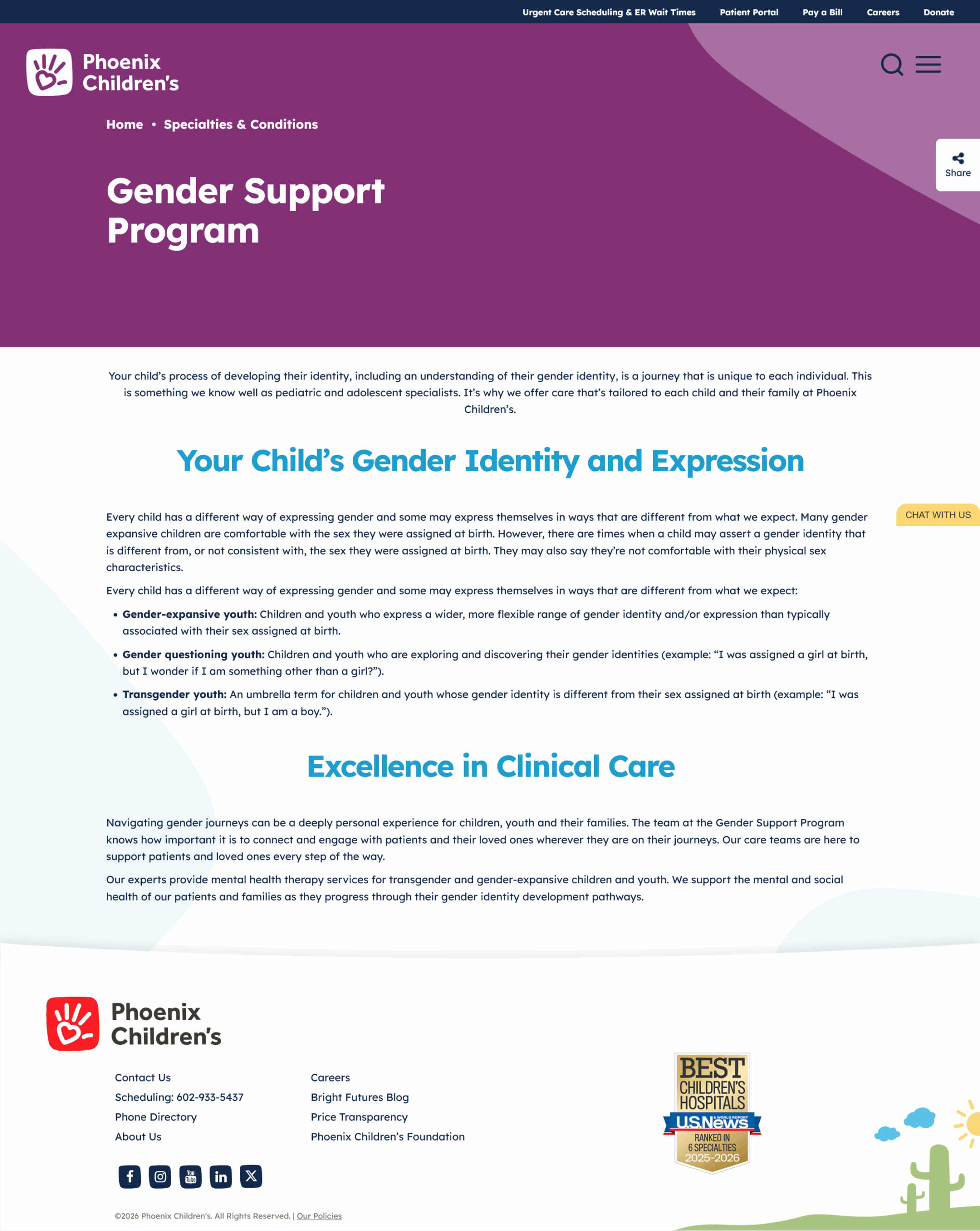 Phoenix Children's Hospital Gender Support Program website