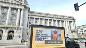 California women's prisons truck ad in front of state capitol building