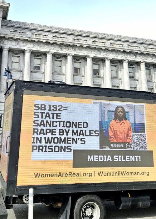 California women's prisons truck ad in front of state capitol building