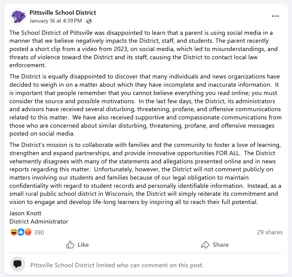 Pittsville School District Facebook Response