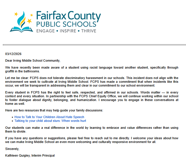 FCPS Racist Language Email to Parents