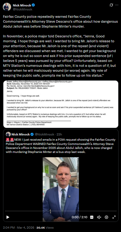 Nick Minock X post on Fairfax County stabbing police response