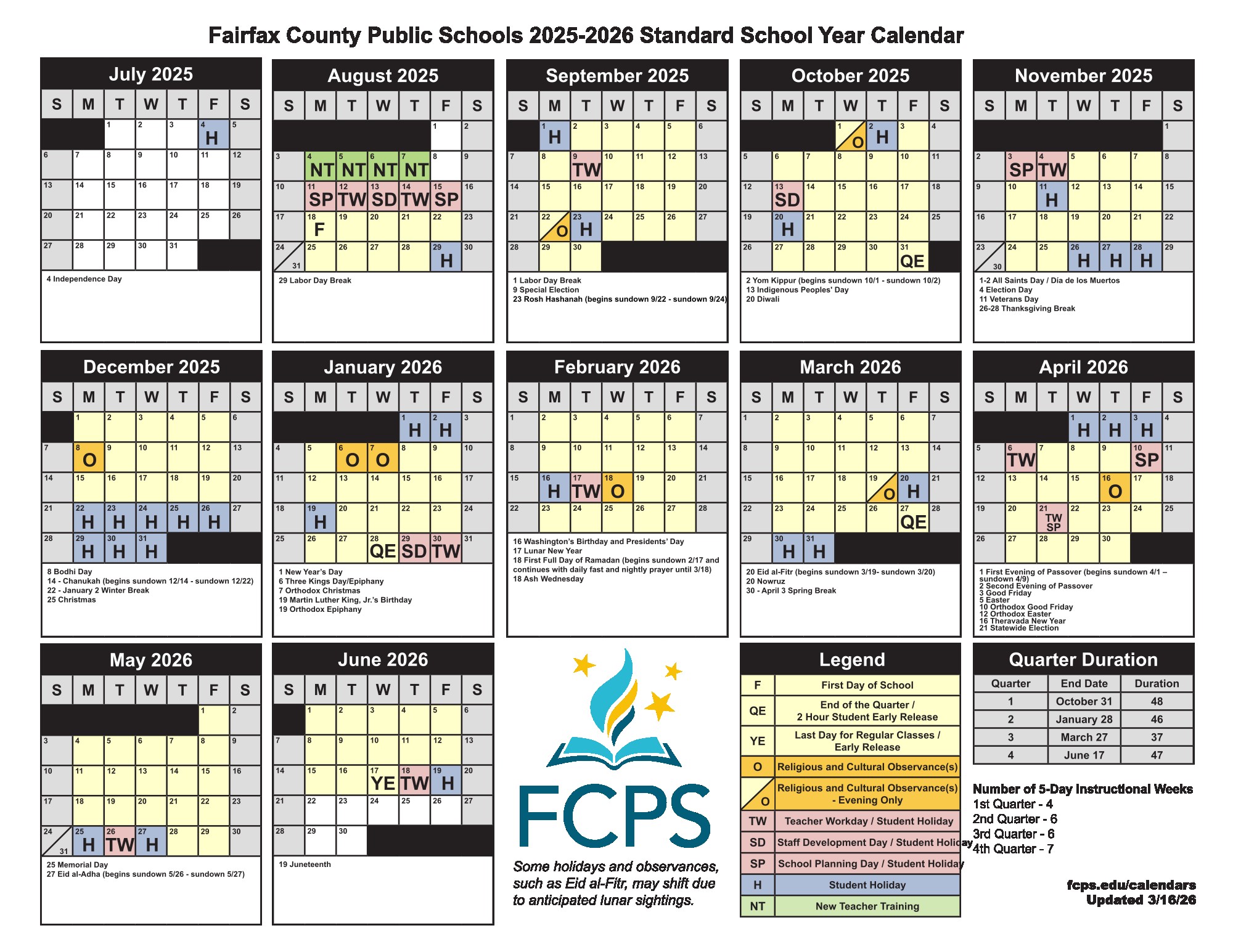 FCPS 2025 2026 standard school year calendar