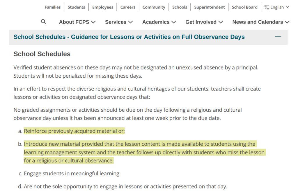 FCPS school schedule guidance for lessons on full observance days