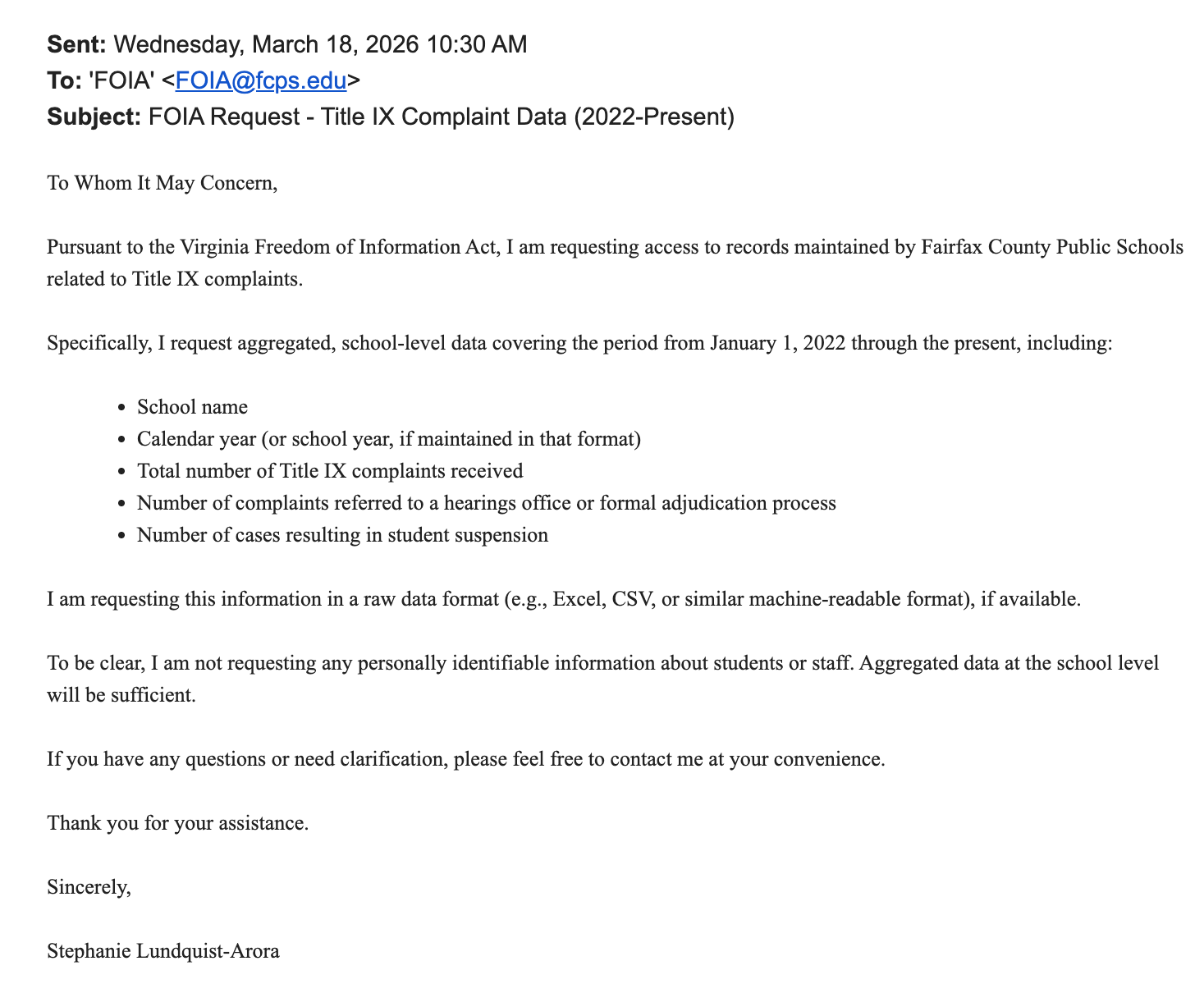 FOIA Request Title IX Complaint Data Stephanie Lundquist-Arora