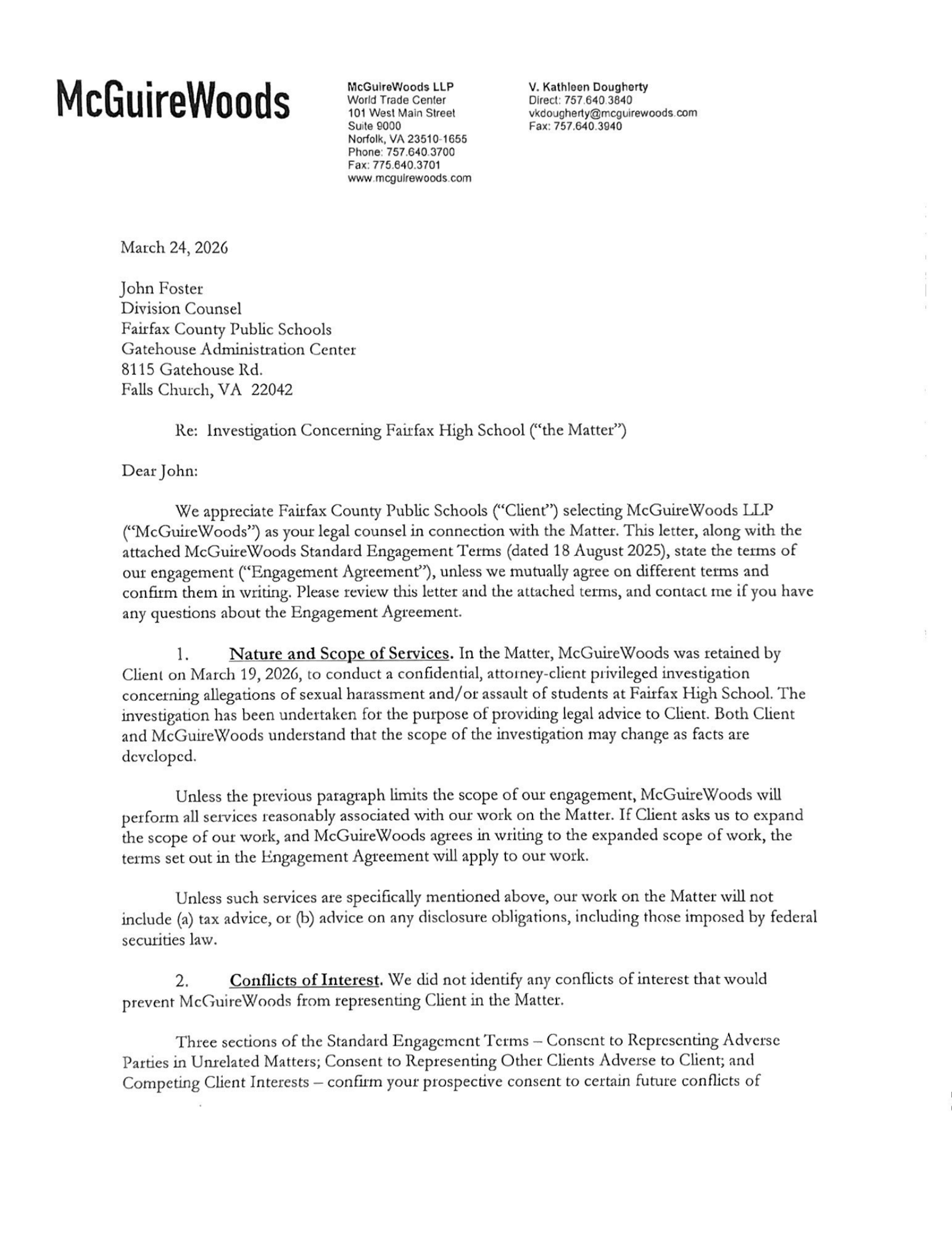 Retainer Agreement McGuire Woods signed 3 26 1