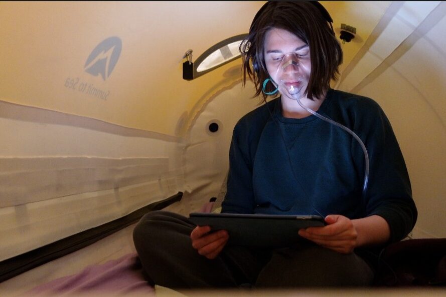 Camille Kiefel undergoing hyperbaric oxygen therapy treatment