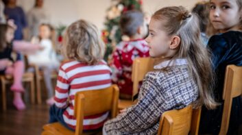 Elementary school students celebrating Christmas