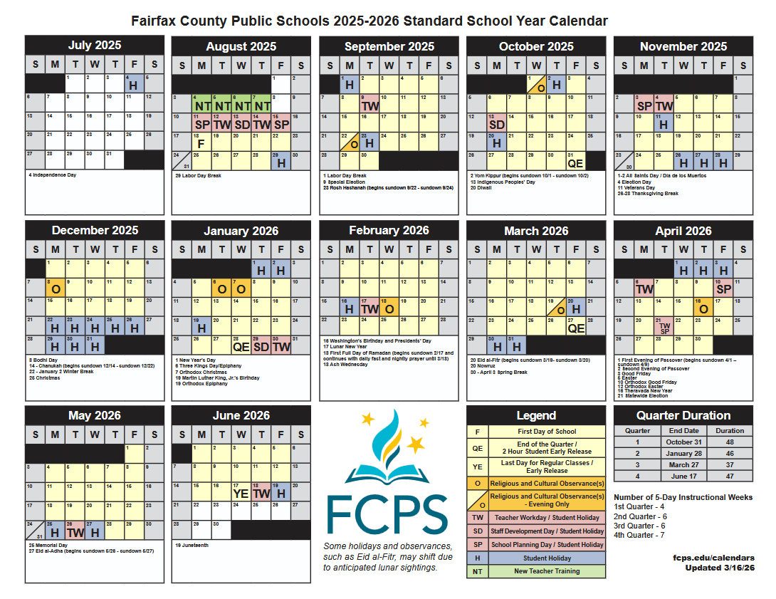 FCPS 2025-2026 school year calendar