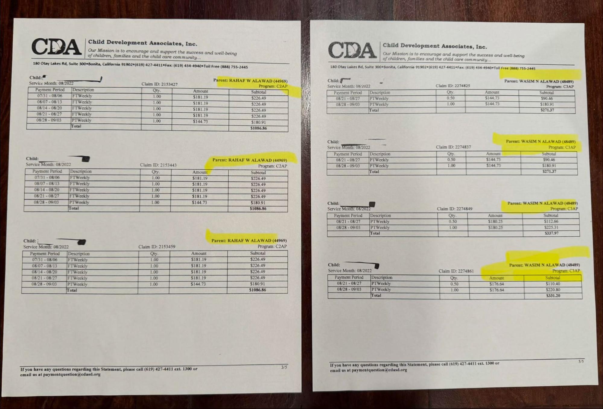 Childcare invoices from Alawad's divorce file
