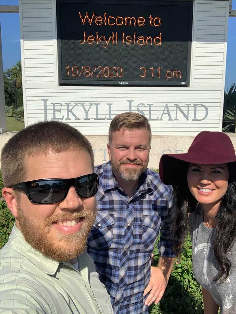 Connor Boyack, Elijah Stanfield, Katie Phipps Hague at the Jekyll Island Club, representing the Tuttle Twins at the Mises Institute Supporters Summit (Oct. 2020)
